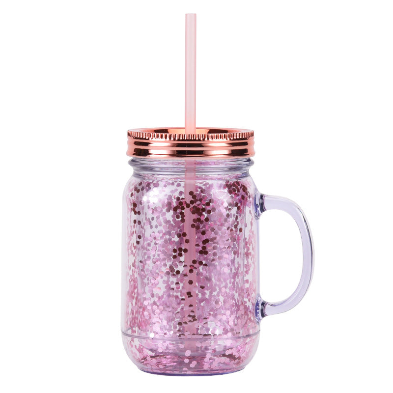 Wholesale Transparent Glitter Plastic Canned Cup with Handle Double Layer Plastic with Straw